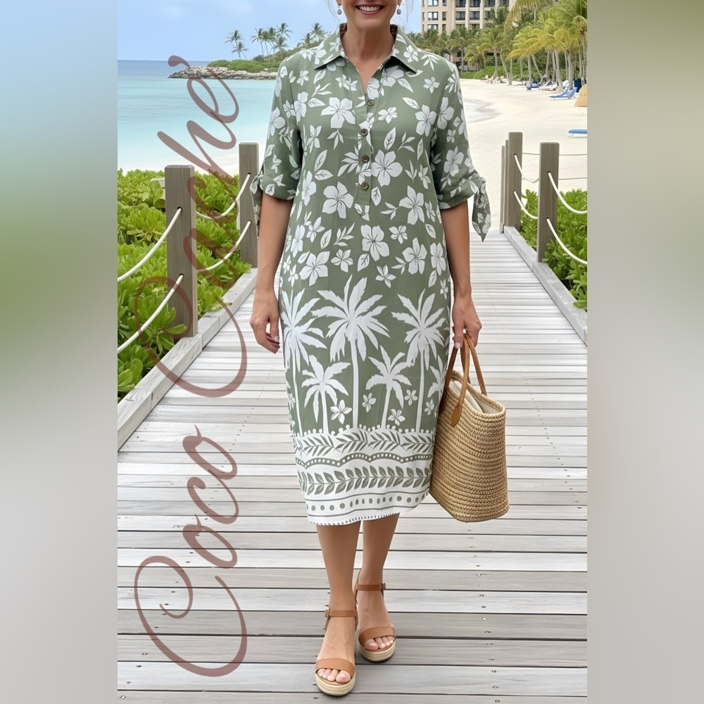 Casual Tropical Floral Green and White Short Sleeves Loose Fit Midi Dress